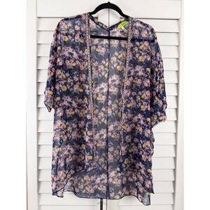 Iner Kimono Cardigan Women L Blue Floral Sheer Open Front Embroidered Trim‎